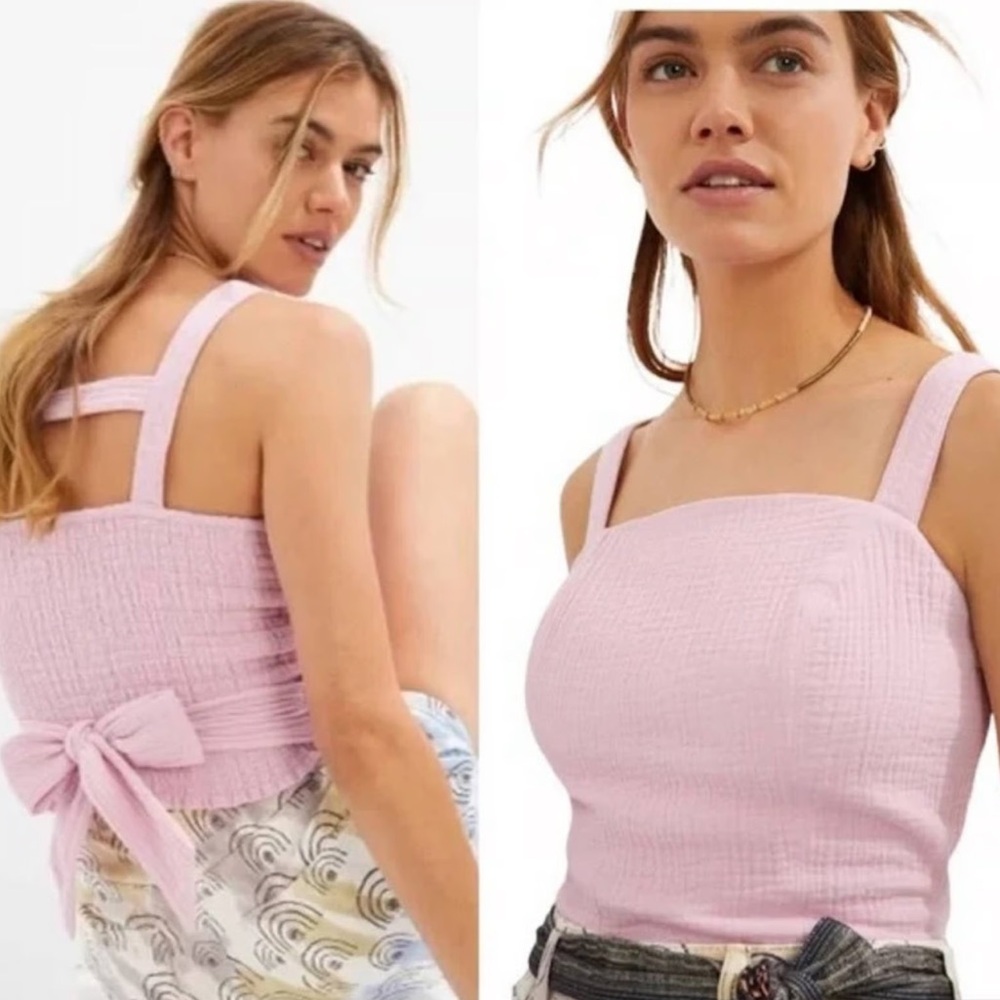 Anthropologie Light Pink Smocked Bow Back Tank Top